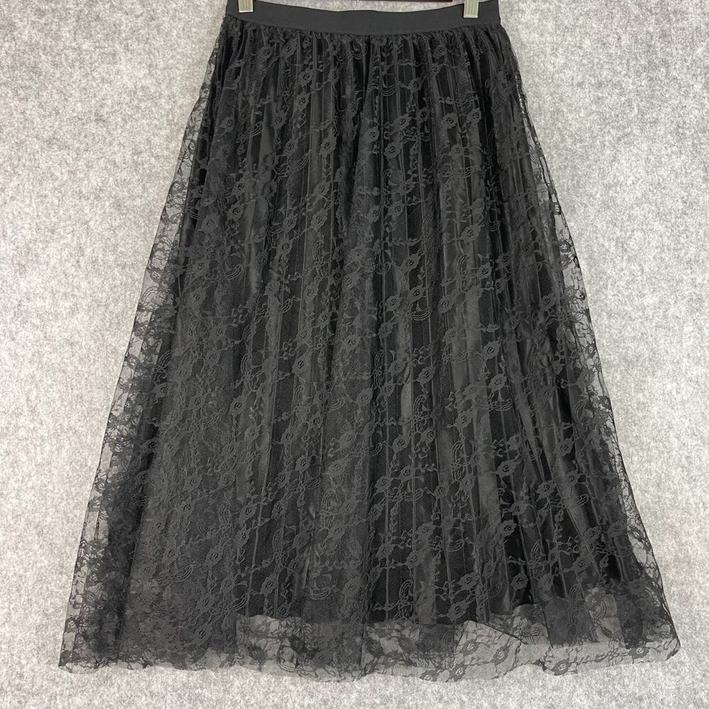 VTG Fairygoth Witchy Y2K Maxi Skirt Women Medium Black Floral Pleated Sheer Lace - Picture 10 of 15